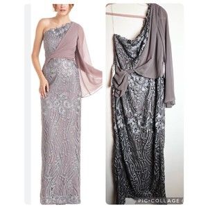 JS Collections One Shoulder Floral Gown Dress Steel Gray Lavender Sz 14 NWT